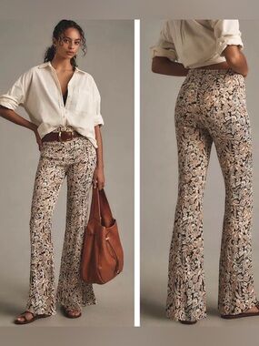 By Anthropologie Paisley Floral Print Satin Flare Pants Size 12 BOHO Hippie